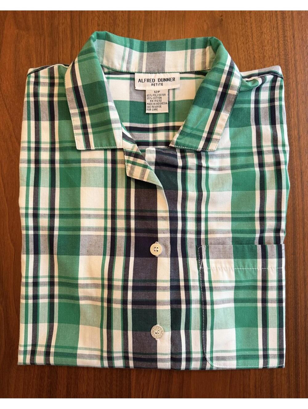 Alfred Dunner Women's Petite Green & Navy Plaid Button Front Shirt - Size 12P